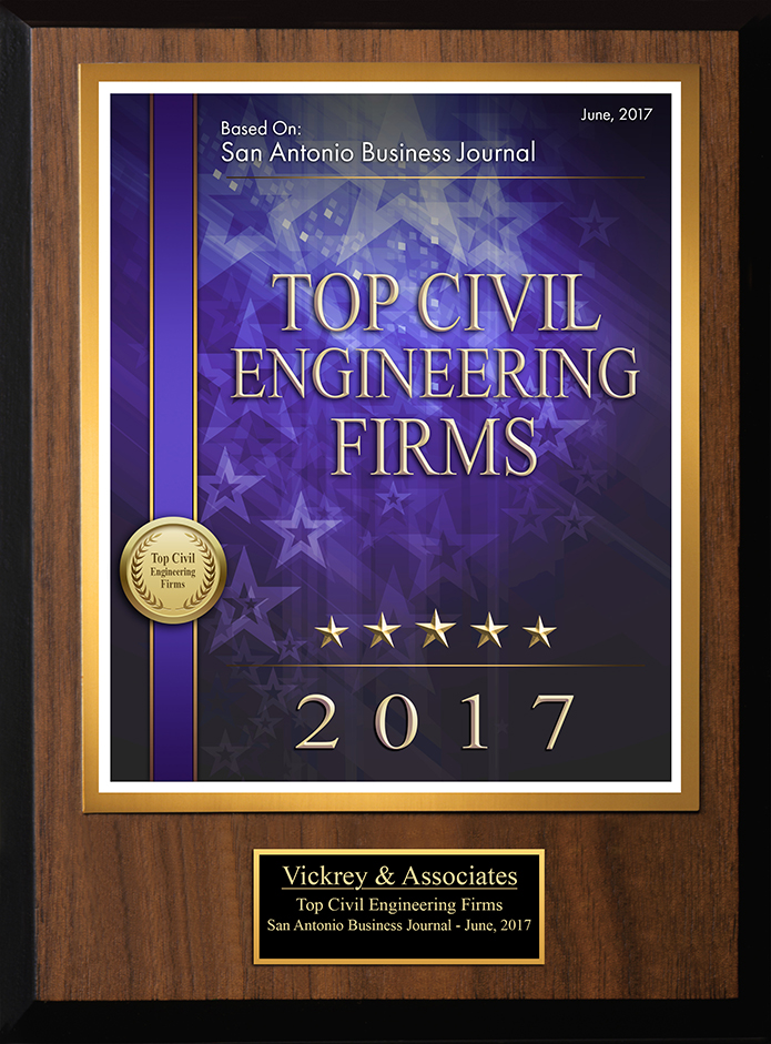 The San Antonio Business Journal has named Vickrey & Associates, Inc. as one of San Antonio's Top Civil Engineering Firms.