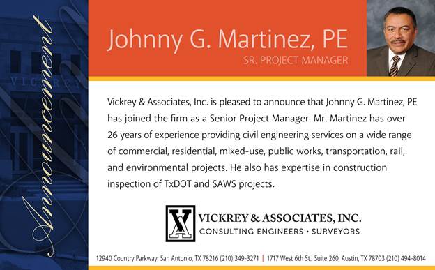 Johnny G. Martinez, PE Joins VICKREY as a Sr. Project Manager