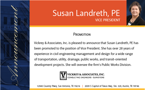 VICKREY promotes Susan Landreth to Vice President.